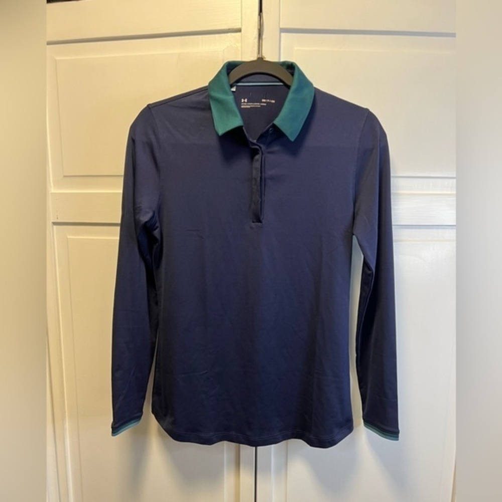 Under Armour Blue Long Sleeve Golf Polo with Green Accents Size Women’s Small